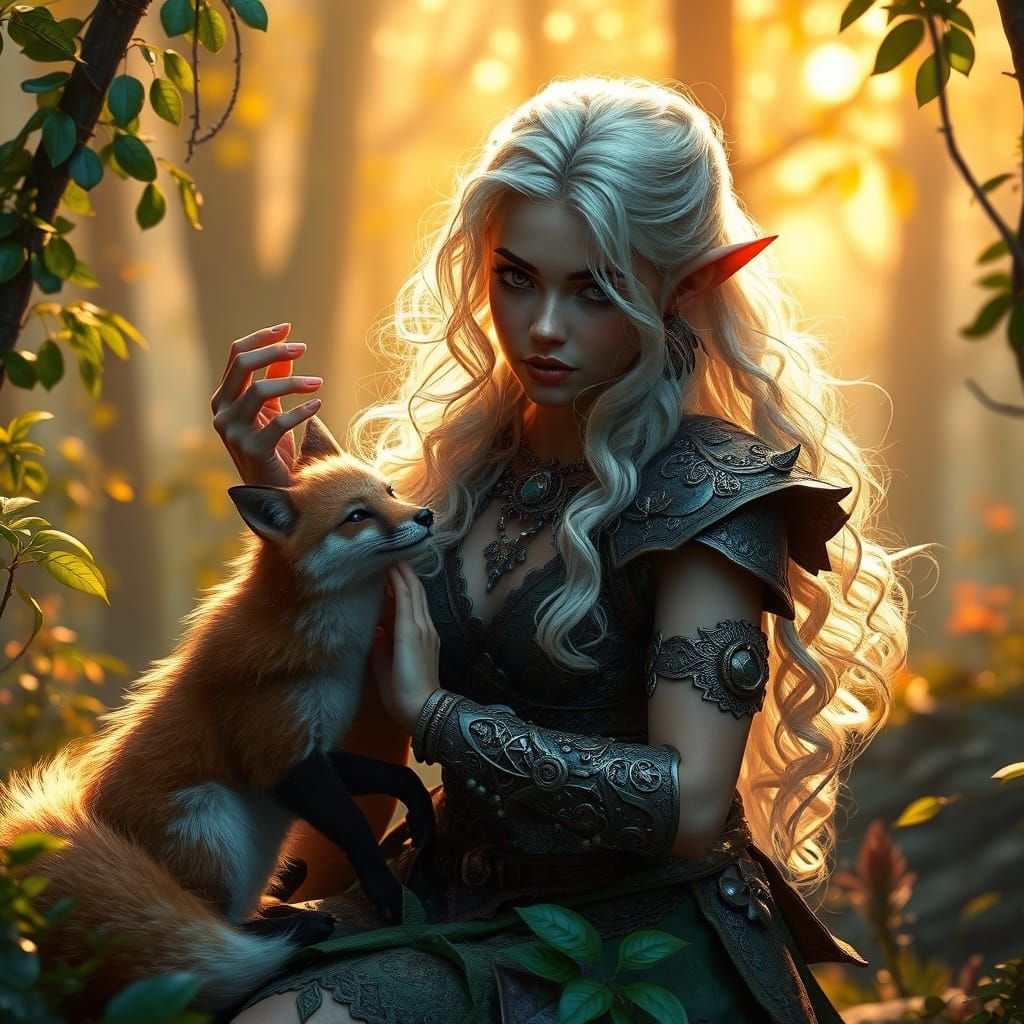 Ethereal Elf Druid Weaves Magic with Fox Familiar in Fantasy...