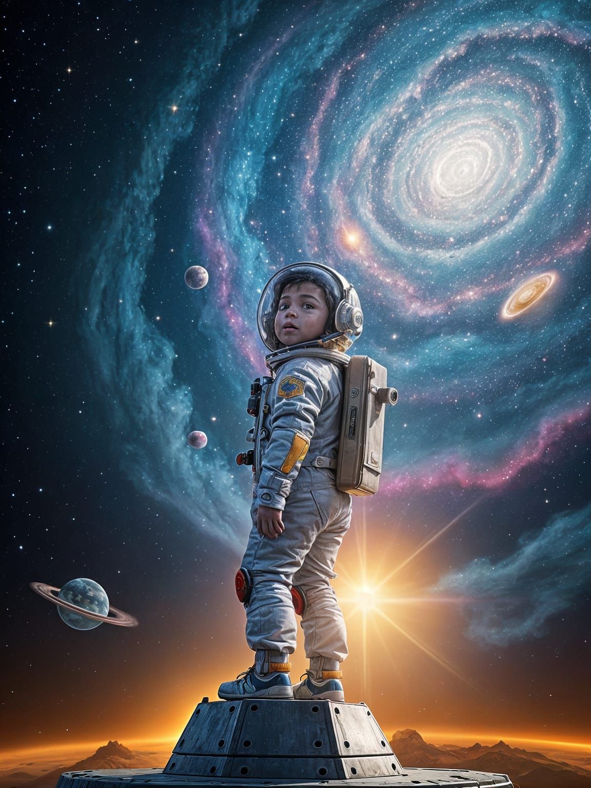 Child Astronaut Observes Colorful Cosmic Galaxy