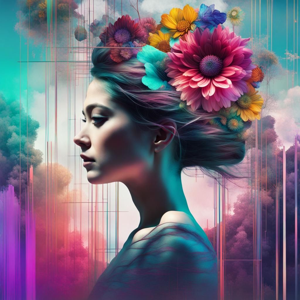 Surreal Glitch Art: Woman with Flowers in Hair