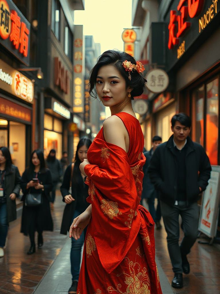 Elegant Japanese Woman in Vibrant Red Dress, Sepia-Inspired ...