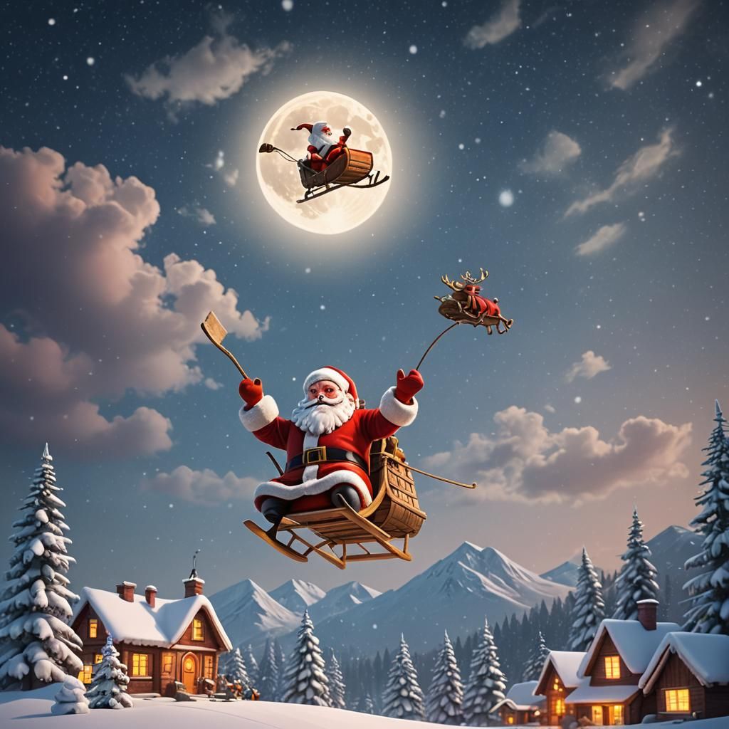 Santa Claus Sleigh Flying Under Full Moon