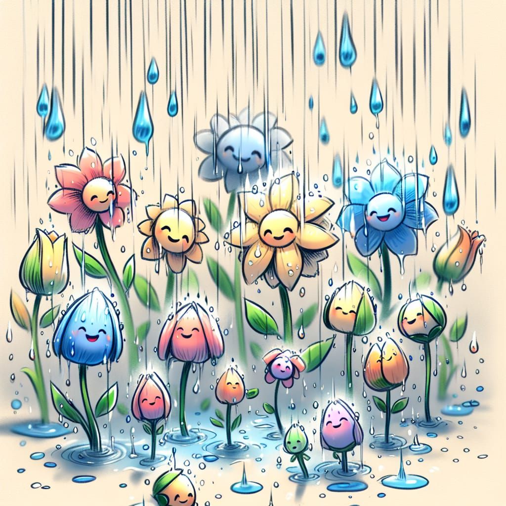 Whimsical Flowers Dance in Gentle Rain