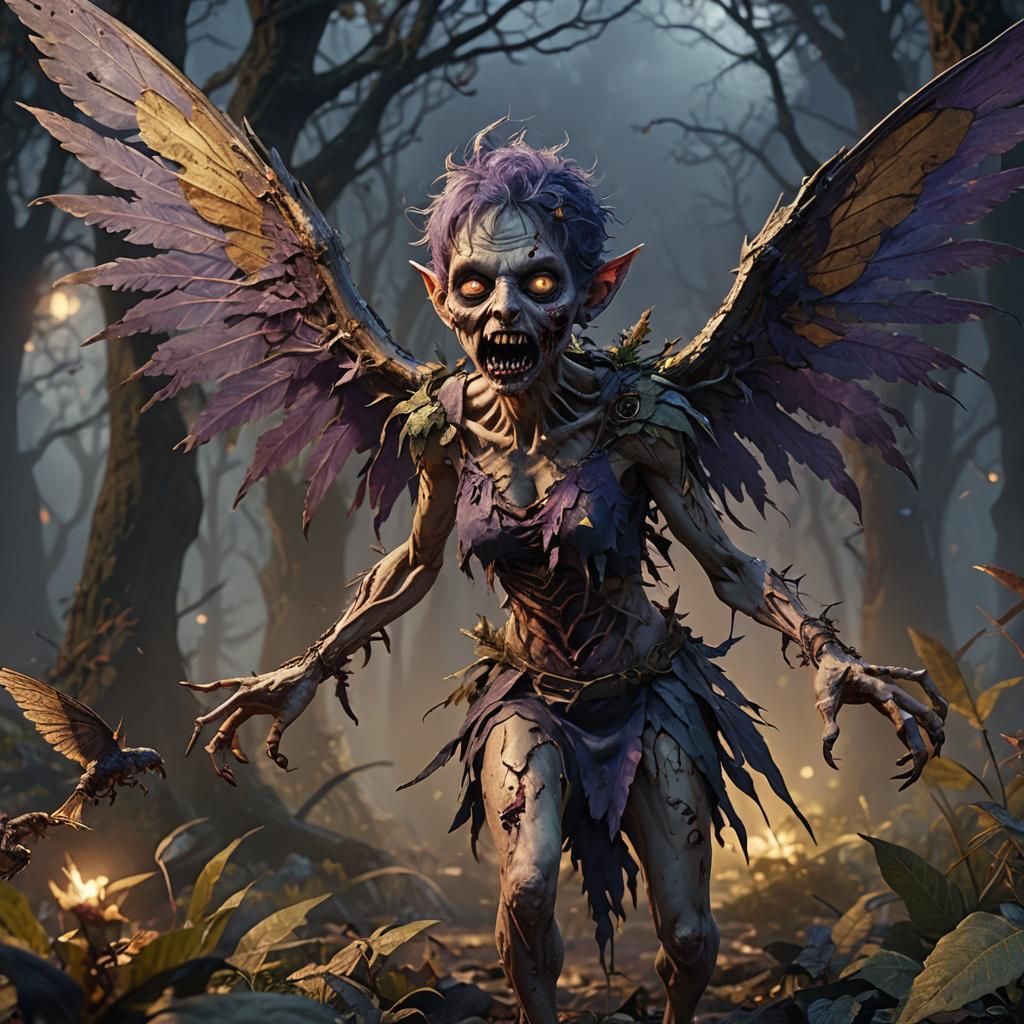 Zombie Pixie Hunts in Twilight: Dark Fantasy Art