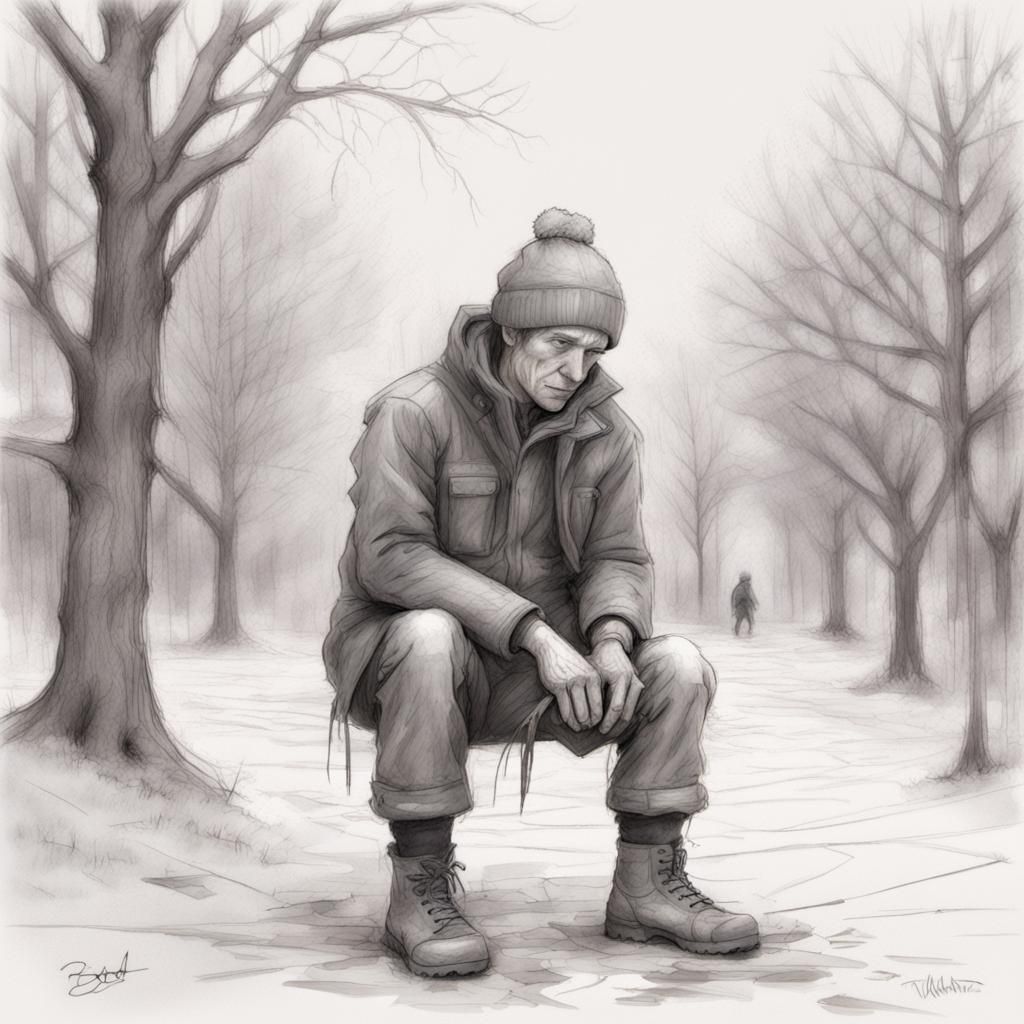 Monochrome Pencil Sketch: A Difficult Winter Job