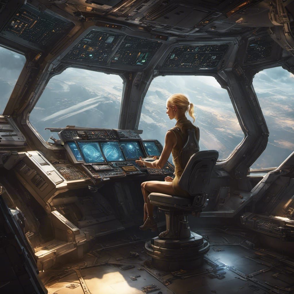 Blonde Scientist Piloting Starship at Light Speed