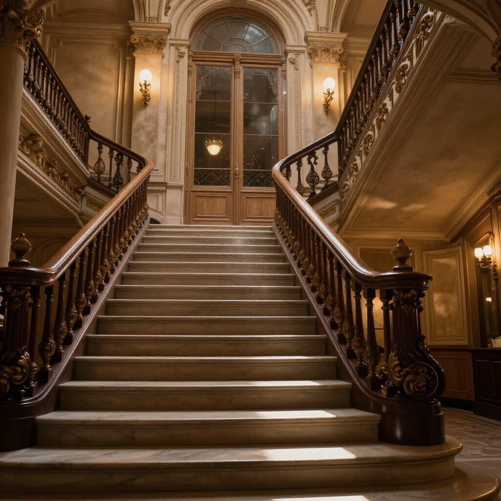 Opulent Parisian Staircase in Warm Golden Light