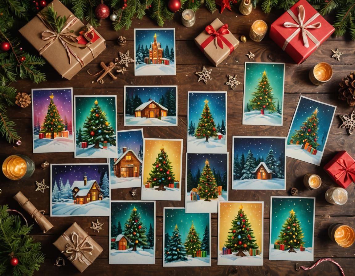 Hyperrealistic Christmas Still Life with Colorful Postcards