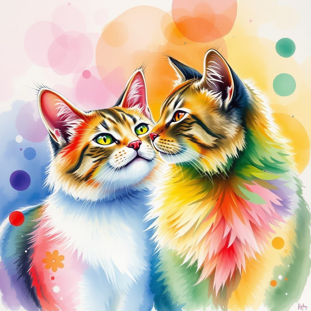Cats Kissing in the Colorful Rain: Watercolor Art
