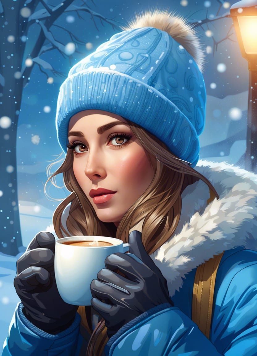 Cute Girl Portrait with Coffee in Winter Scene