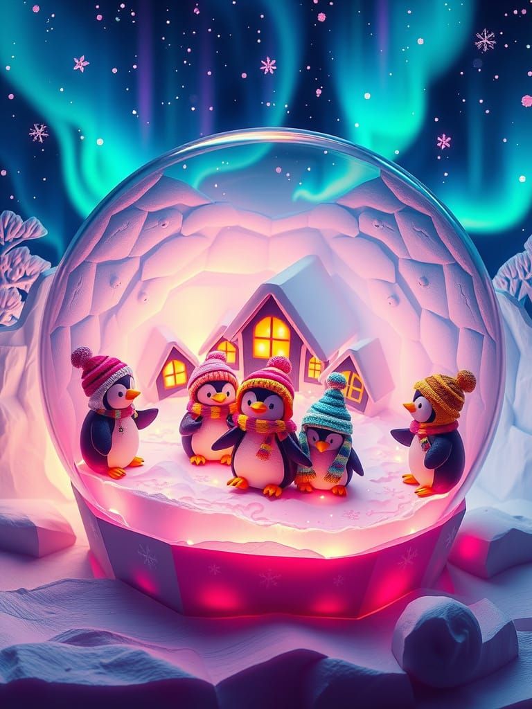 Chibi Penguin Village in Aurora Snowglobe
