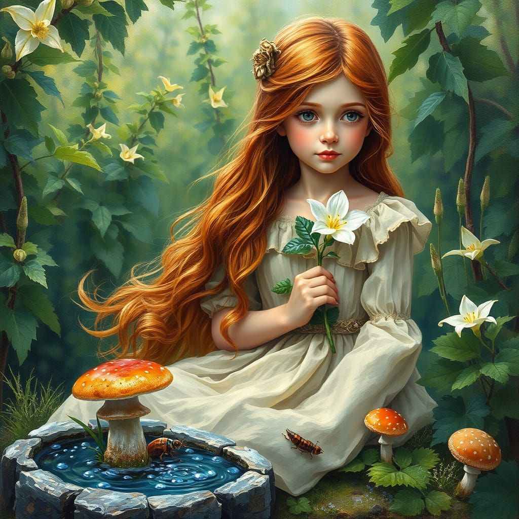 Mystical Auburn-Haired Girl in Lush Forest, Oil Painting