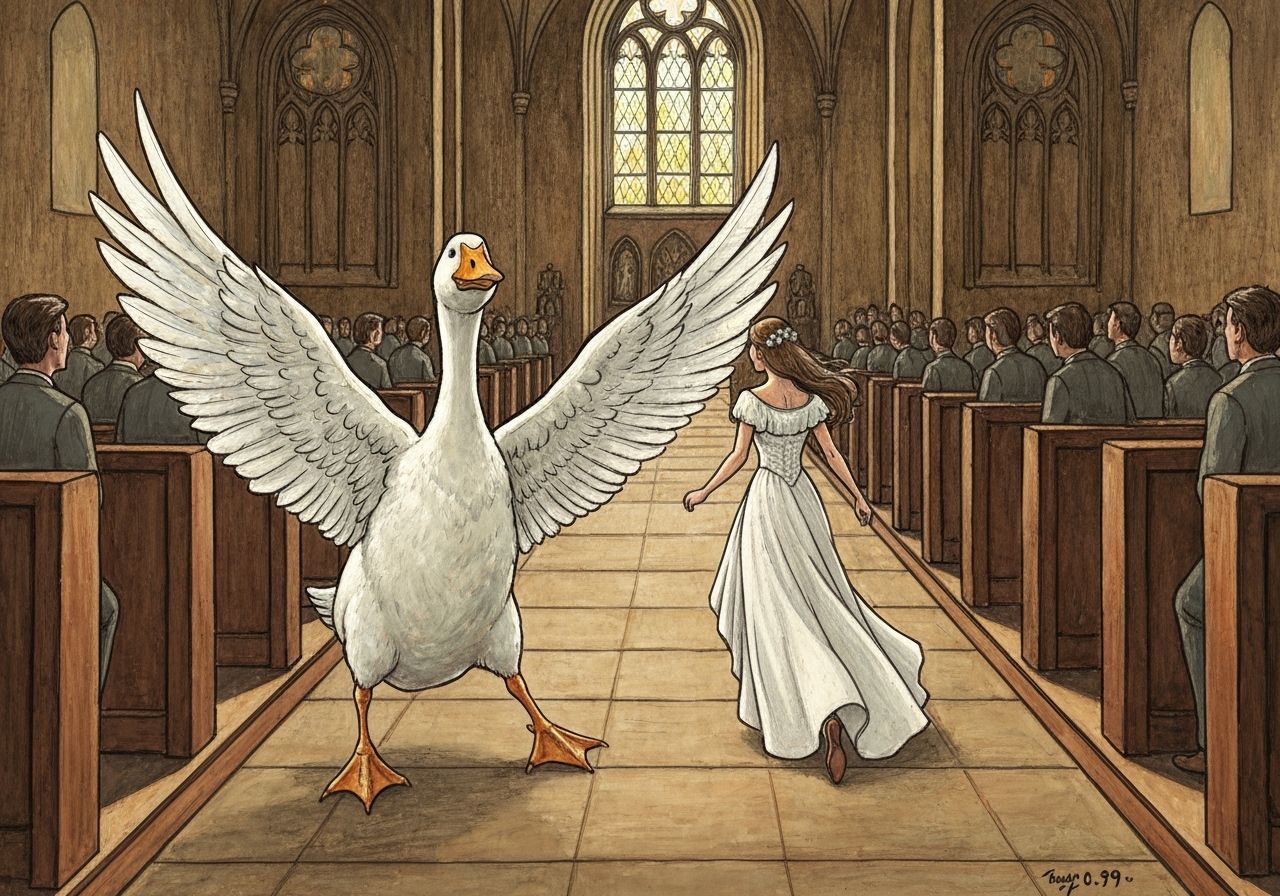 A bride running away down the aisle of a church from a large...