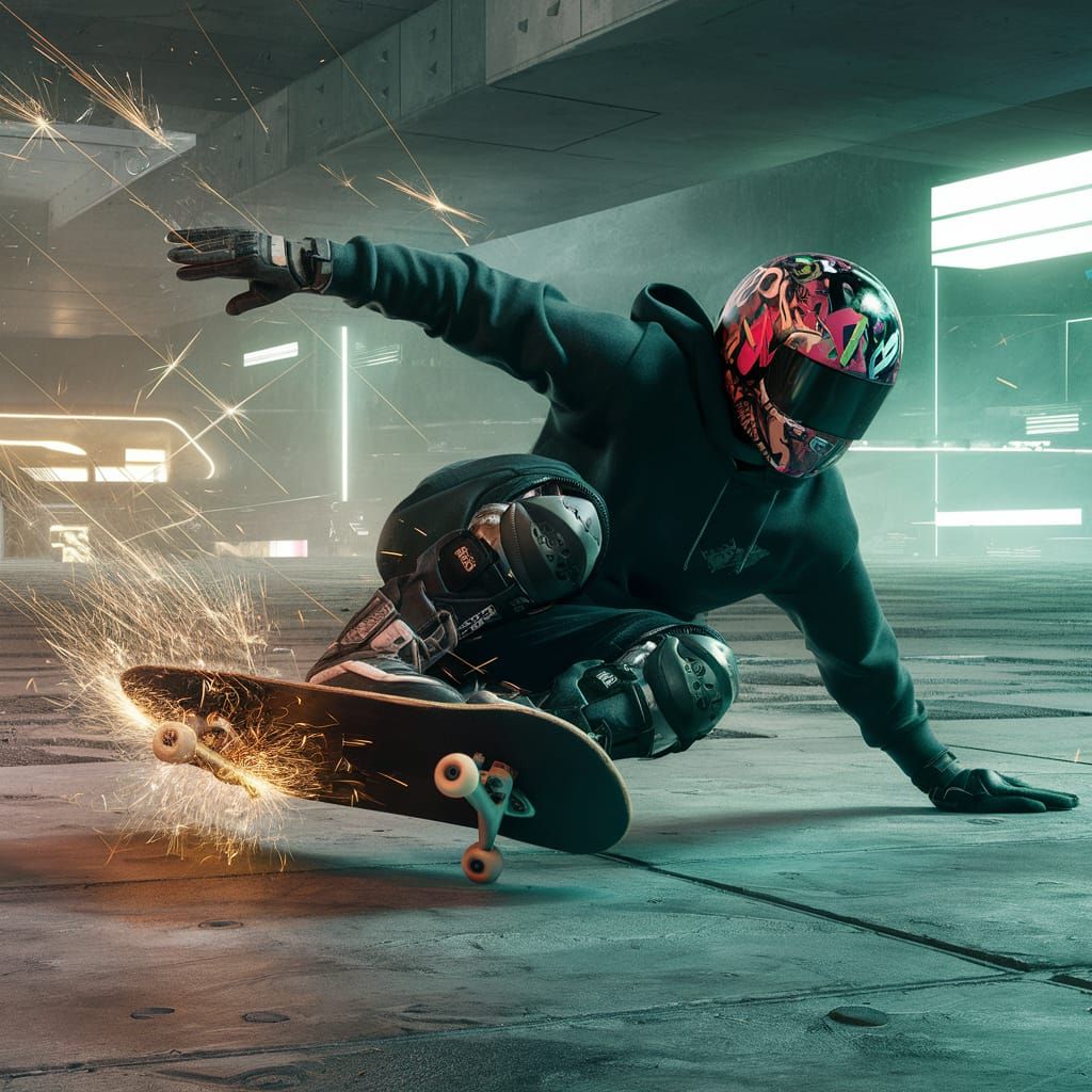 Skateboarder Darkslide in Cyberpunk Futuristic Cityscape