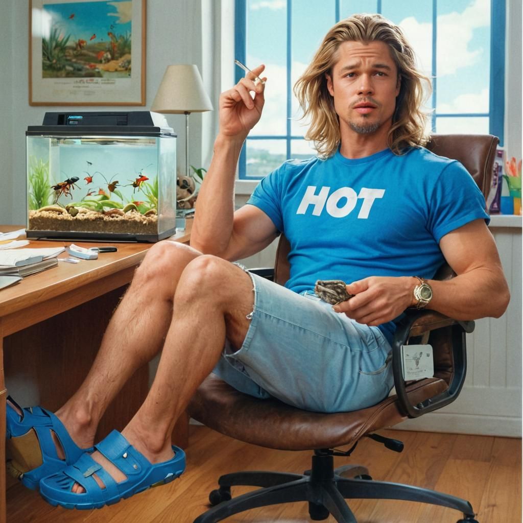Brad Pitt, age 25, SITTING IN AN OFFICE CHAIR, IN A HOME OFFICE, LOOKING AT AN ANT FARM, POINTING AT THE ANTS WITH HIS F...