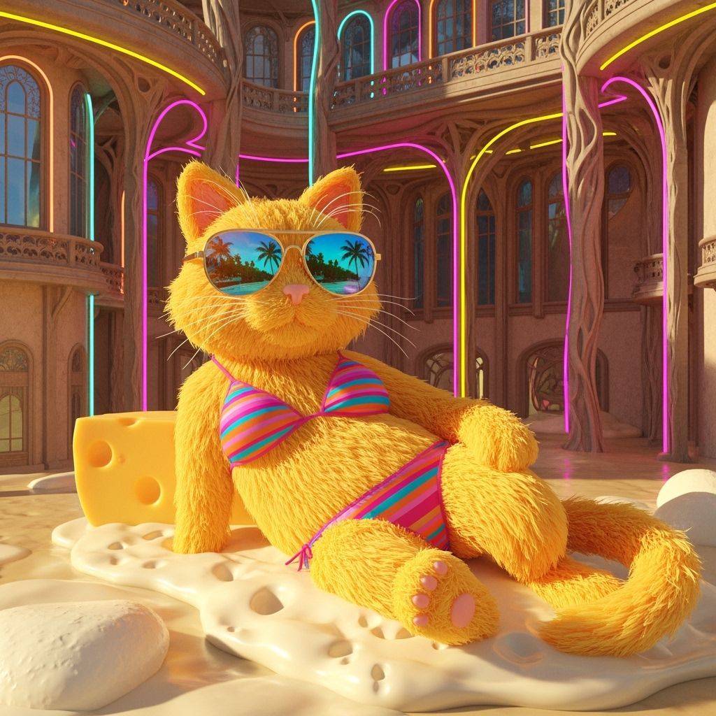 Cheddar Cheese Cat Lounging in an Art Nouveau Scene