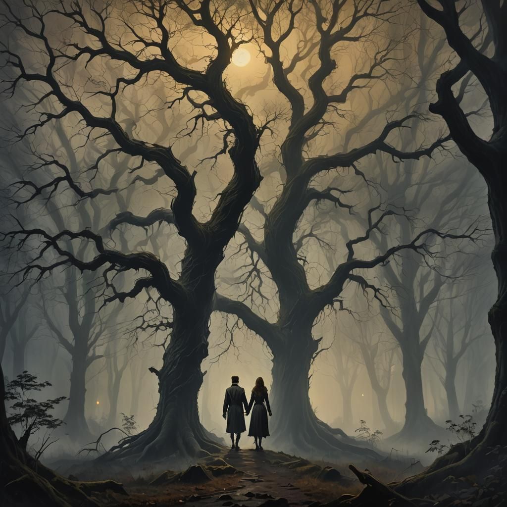 Misty Forest Couple in Dramatic Oil Painting