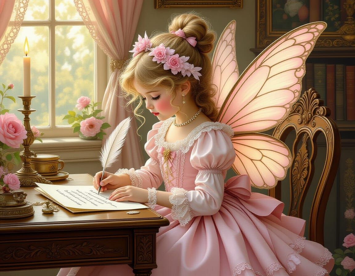 Victorian Fairy Girl Writes Letter in Whimsical Style