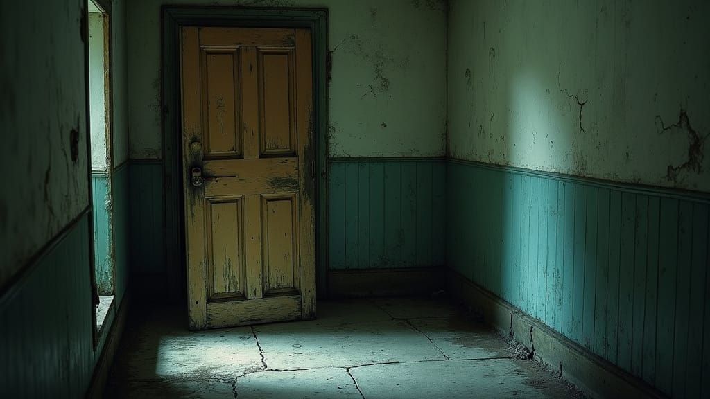 Mysterious Door in Abandoned Hostel with Ethereal Glow