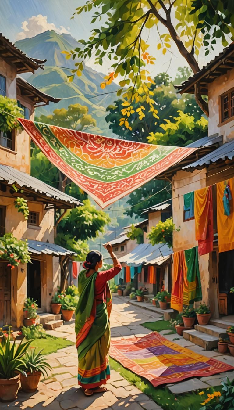 Impressionist Painting of Woman Hanging Sasirangan Cloth