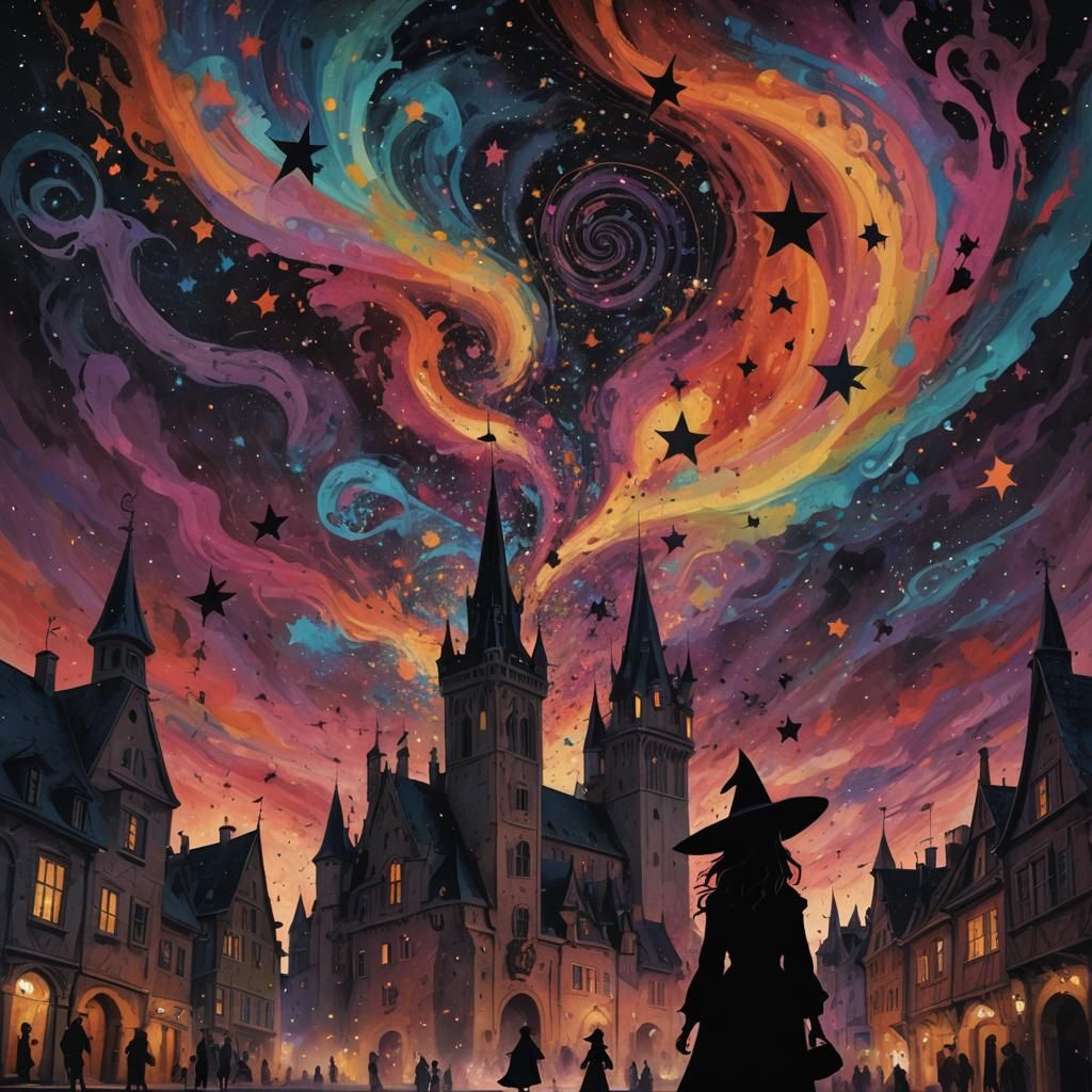 Surreal Witch Silhouette in Psychedelic Starry Sky