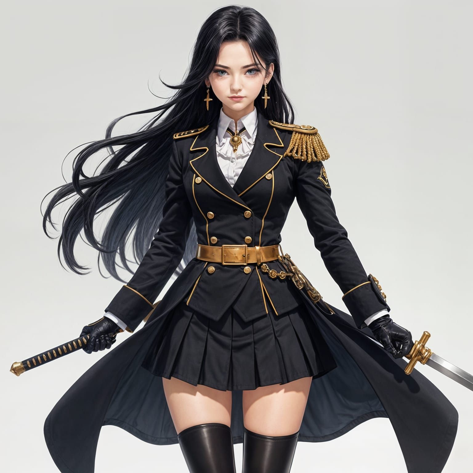 Anime Female Admiral in Black Uniform with Sword