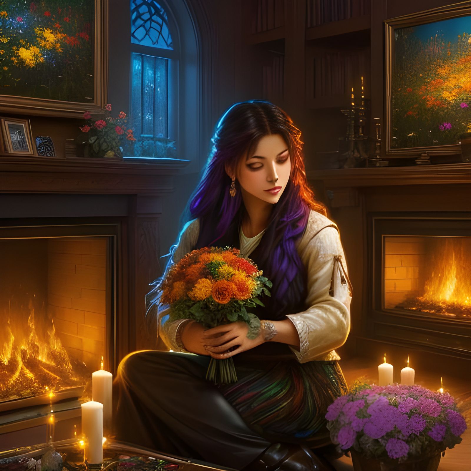 Romantic Fireplace Scene with Flowers, Oil on Canvas