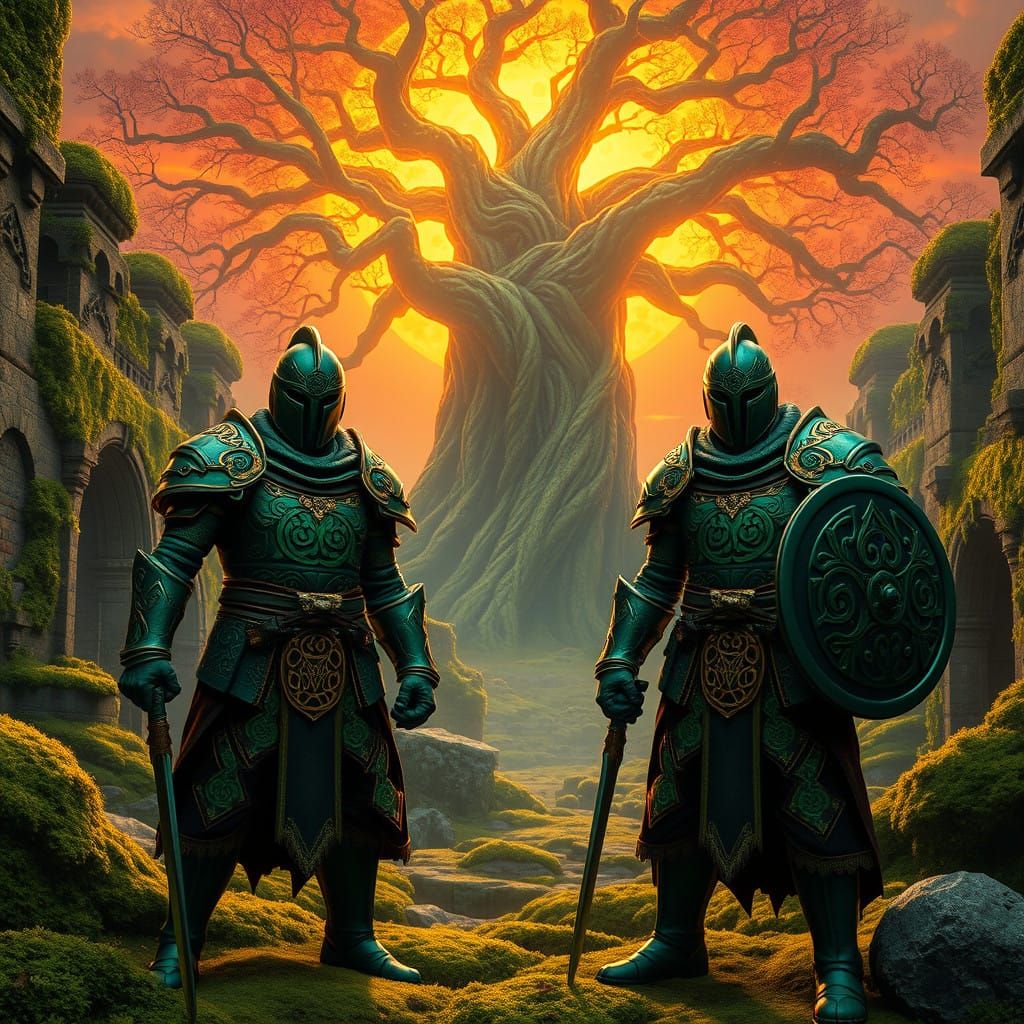 Celtic Warriors Stand Heroically in Emerald-Green Armor, Lus...