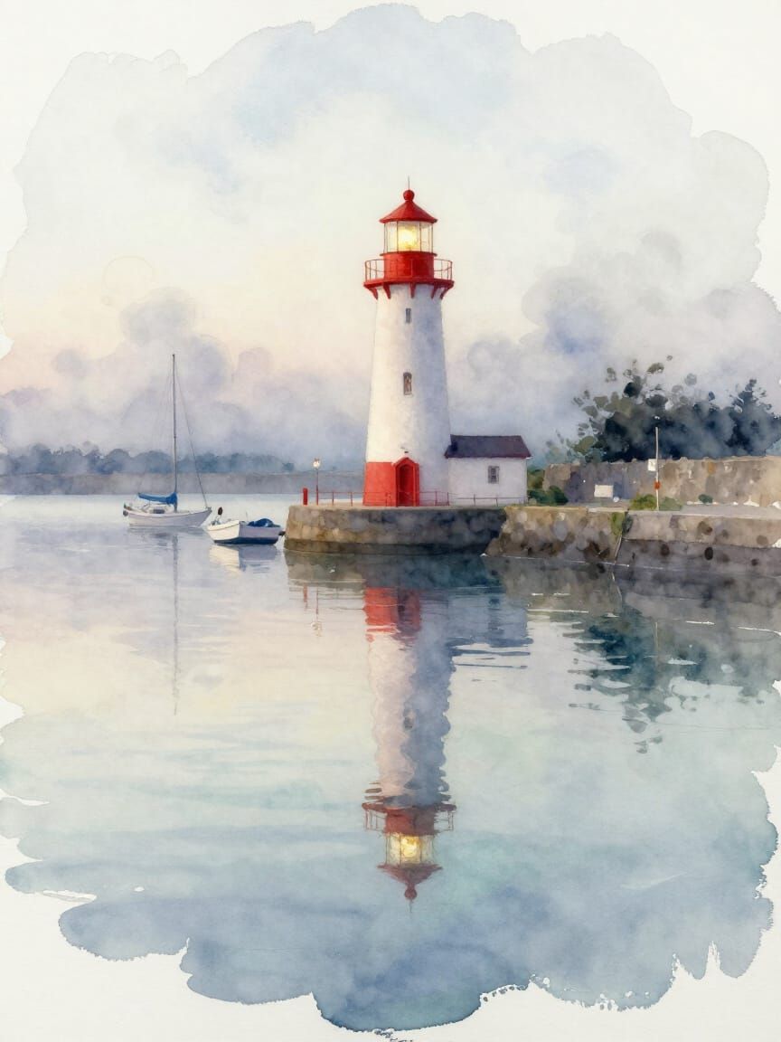 Serene Watercolor Lighthouse at Dawn Harbor