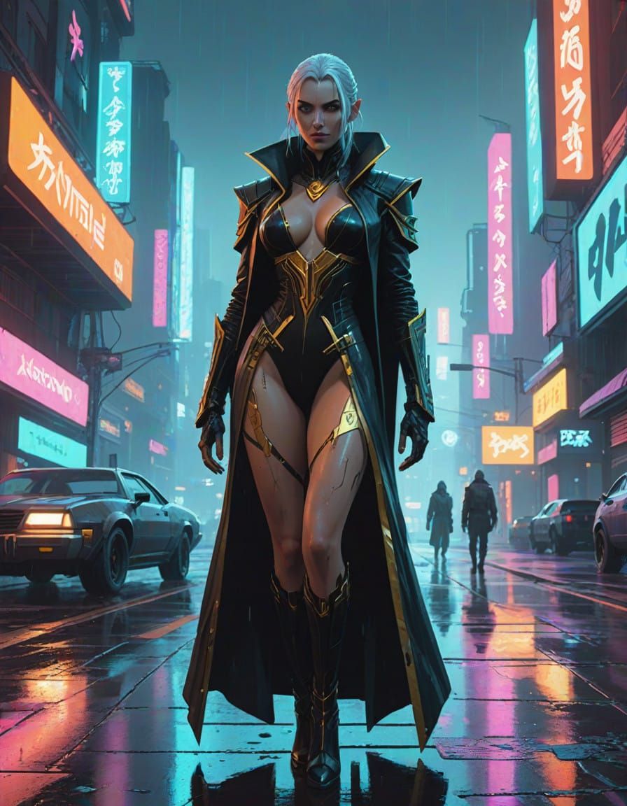 Cyberpunk High Elf Mage in Daring Attire