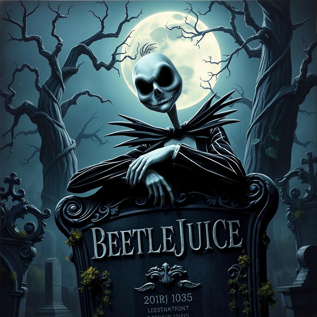 Beetlejuice in Victorian Cemetery, Gothic Oil Painting