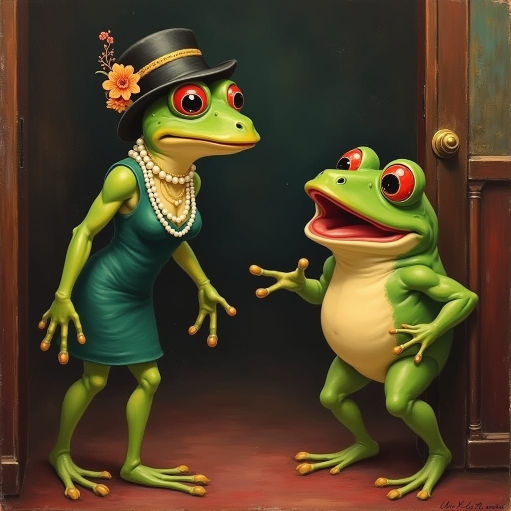 Delectable Frog Lady Enters Speakeasy as Oil Painting