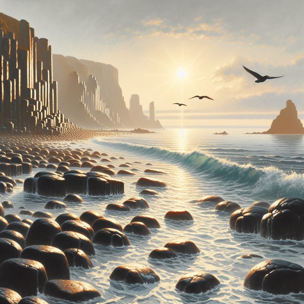 Beach with Basalt Stones at Sunrise Oil Painting