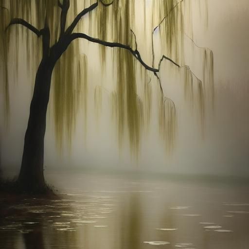 Rain Over Willow in Impressionist Watercolor Style