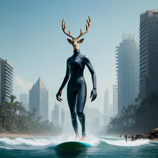 Giant Anthropomorphic Deer Surfer in the City