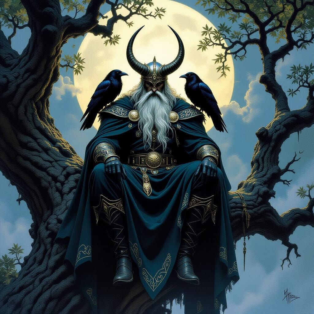 Odin with Ravens in Dark Fantasy Style