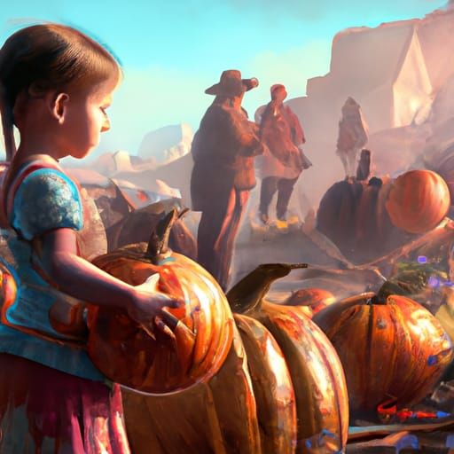 Girl Picks Pumpkin: Detailed Matte Painting