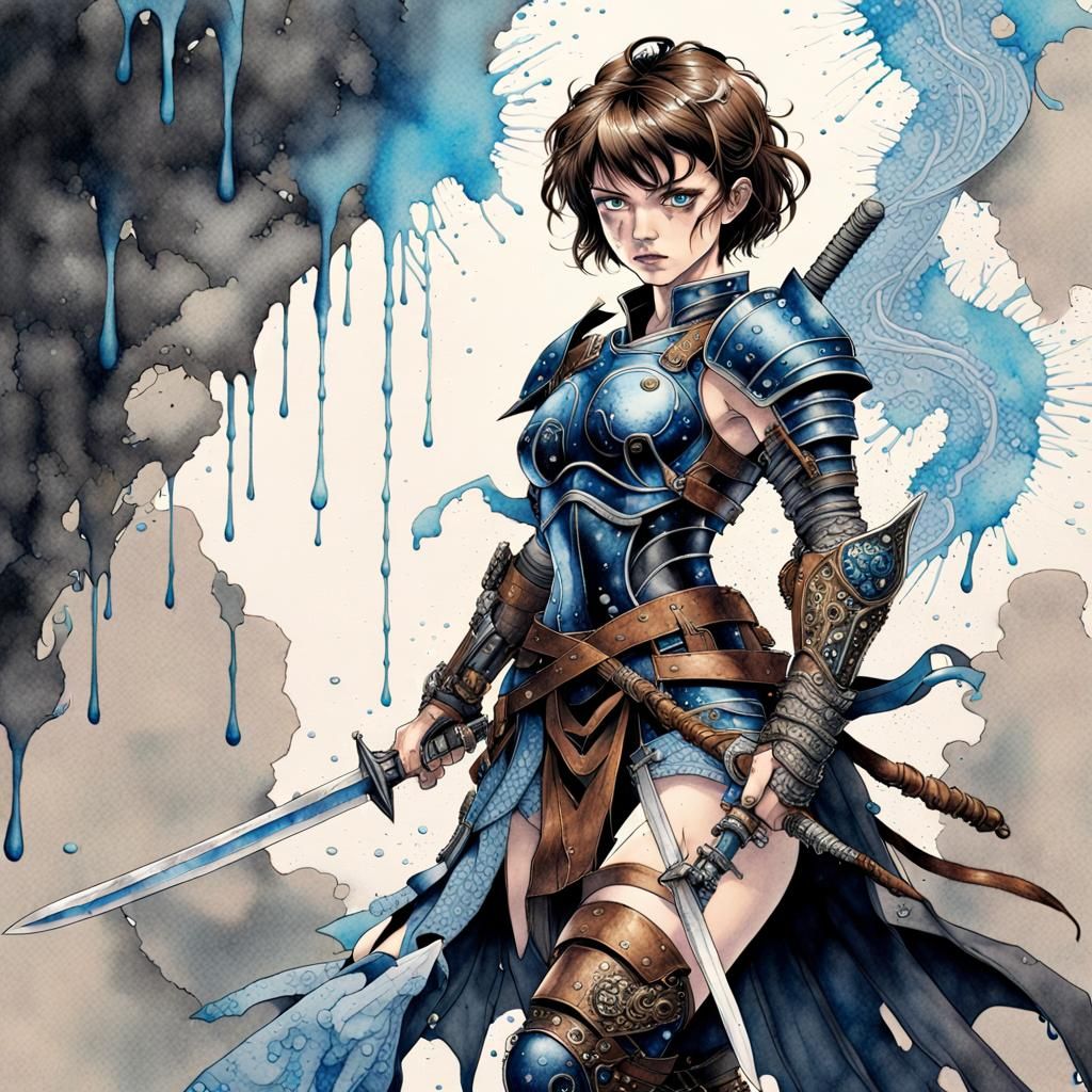 1985’ anime video game by Katsuya Terada, "female warrior wielding a sword, leather armor, blue eyes, brunette, short ha...