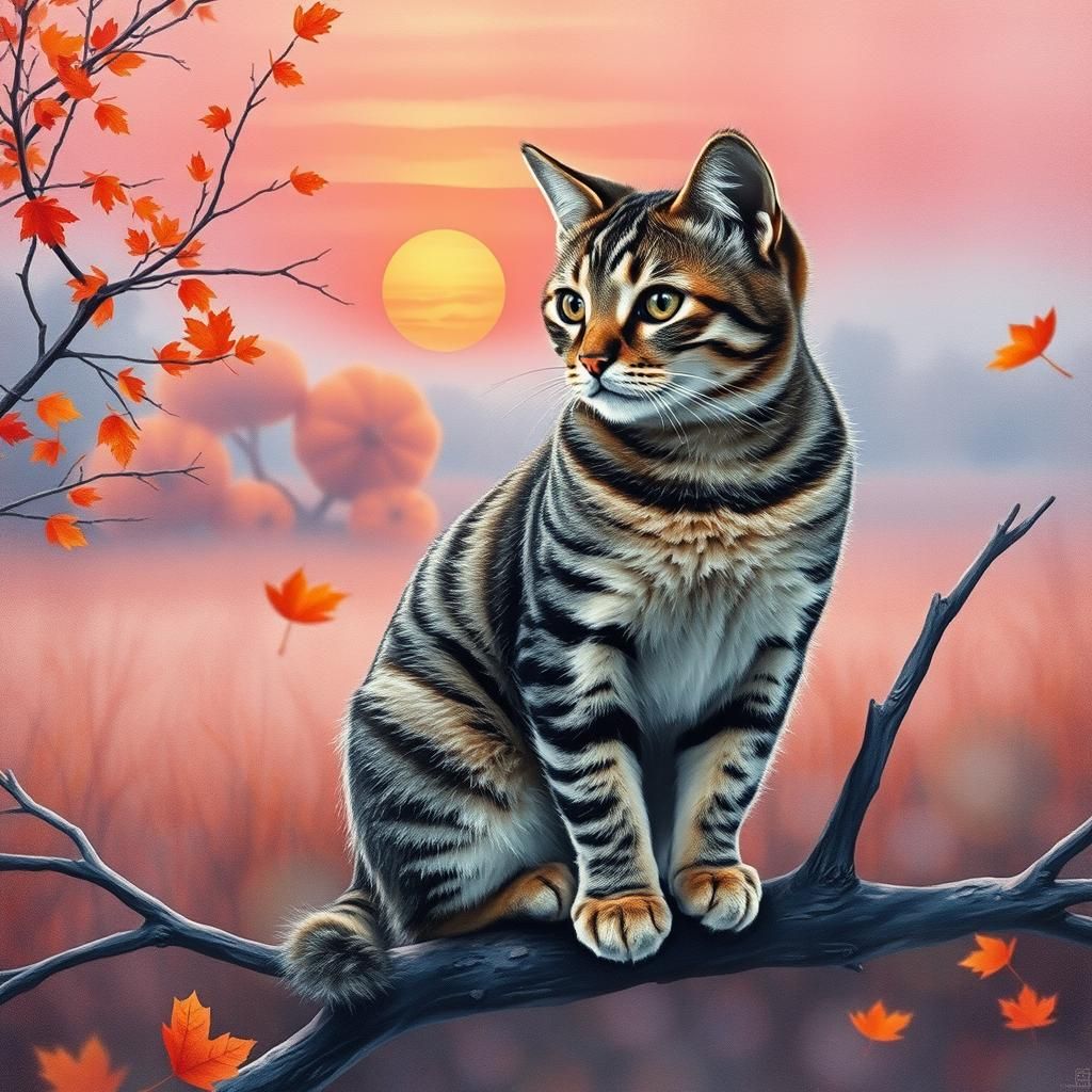 Striped Cat in Autumnal Watercolor Landscape