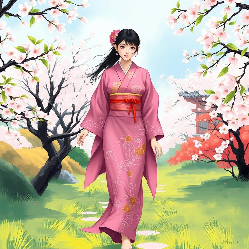 Yuki in Pink Kimono, Dreamy Digital Art
