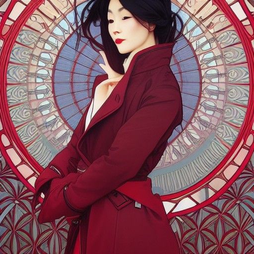Japanese Woman in Red Coat, Art Nouveau Style