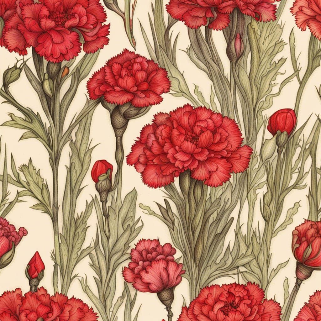 Red Carnations Botanical Illustration in Edwardian Style