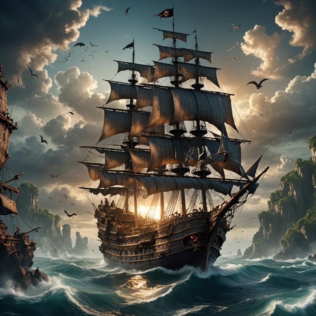 Flying Pirate Ship in Digital Matte Painting Style