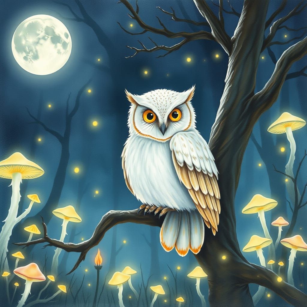 Moonlit Whimsy: A Wise Owl in Bioluminescent Forest