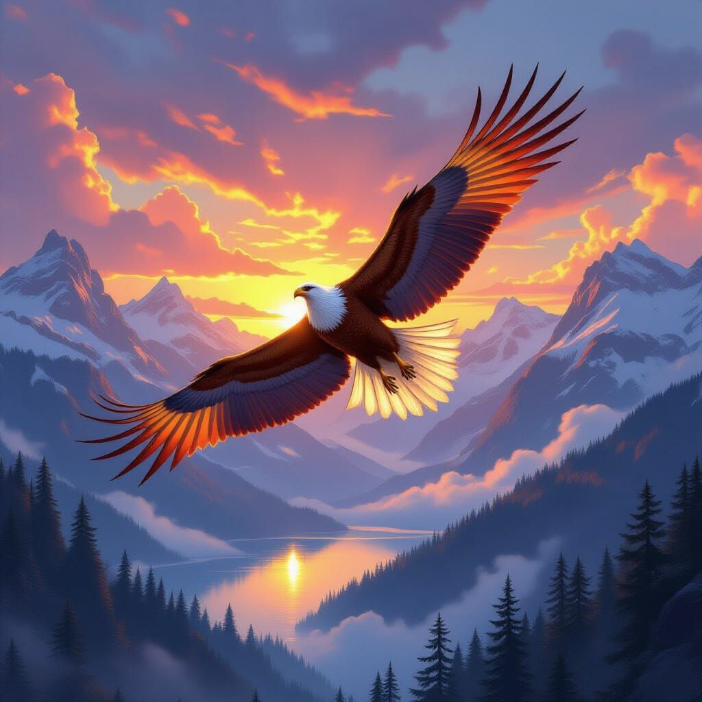 Griffin Soaring Over Misty Mountains at Dawn
