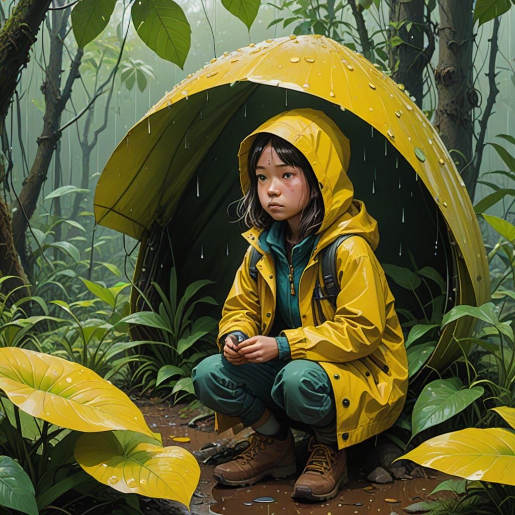 Young Girl Finds Refuge Under Whimsical Leaf Shelter