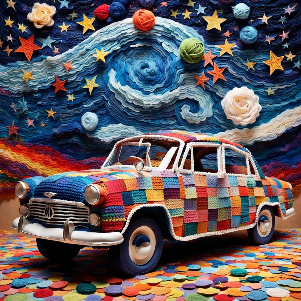 Magical Impasto Paper Car in Starry Night, 3D Render