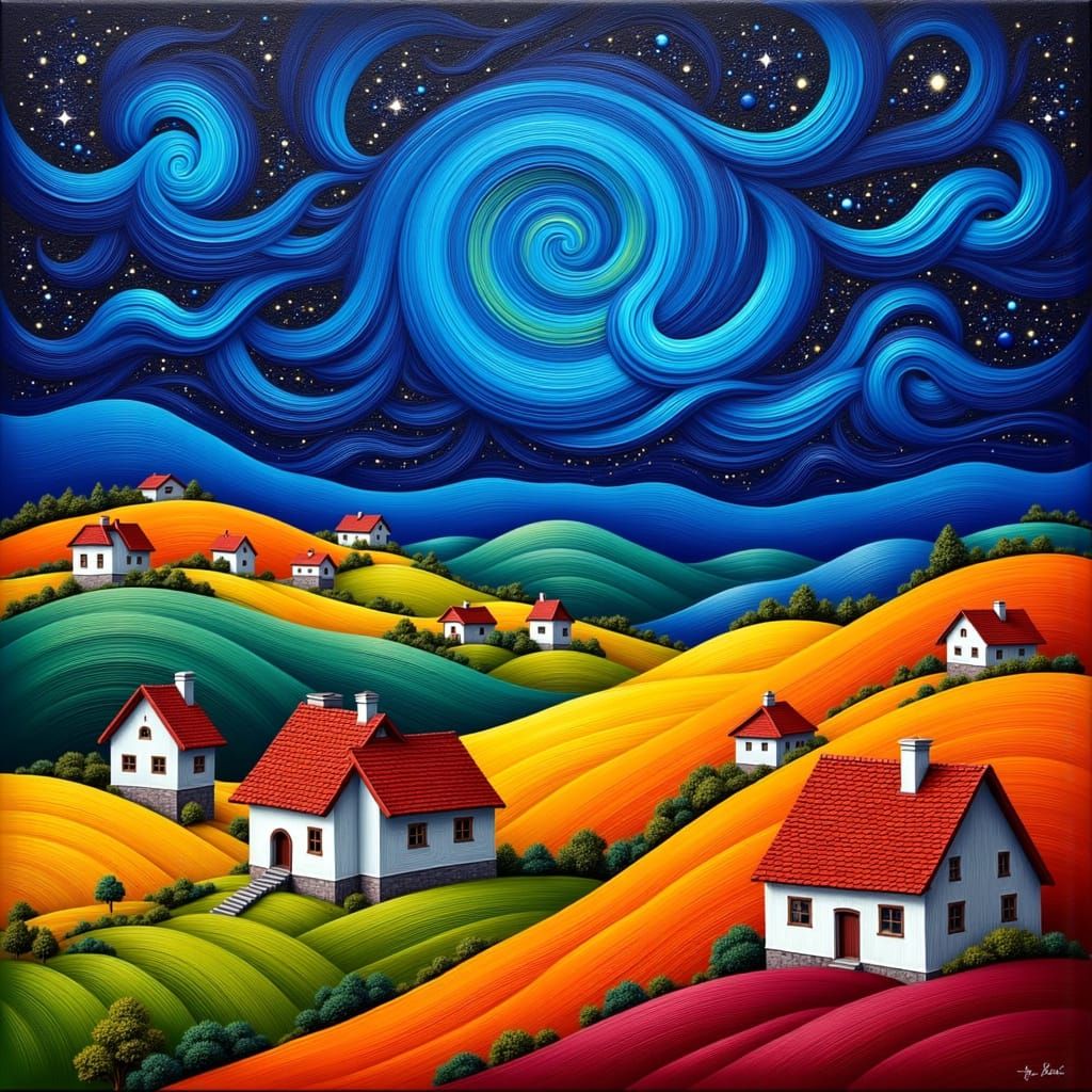 Night Houses on Hills in Naive Art Style