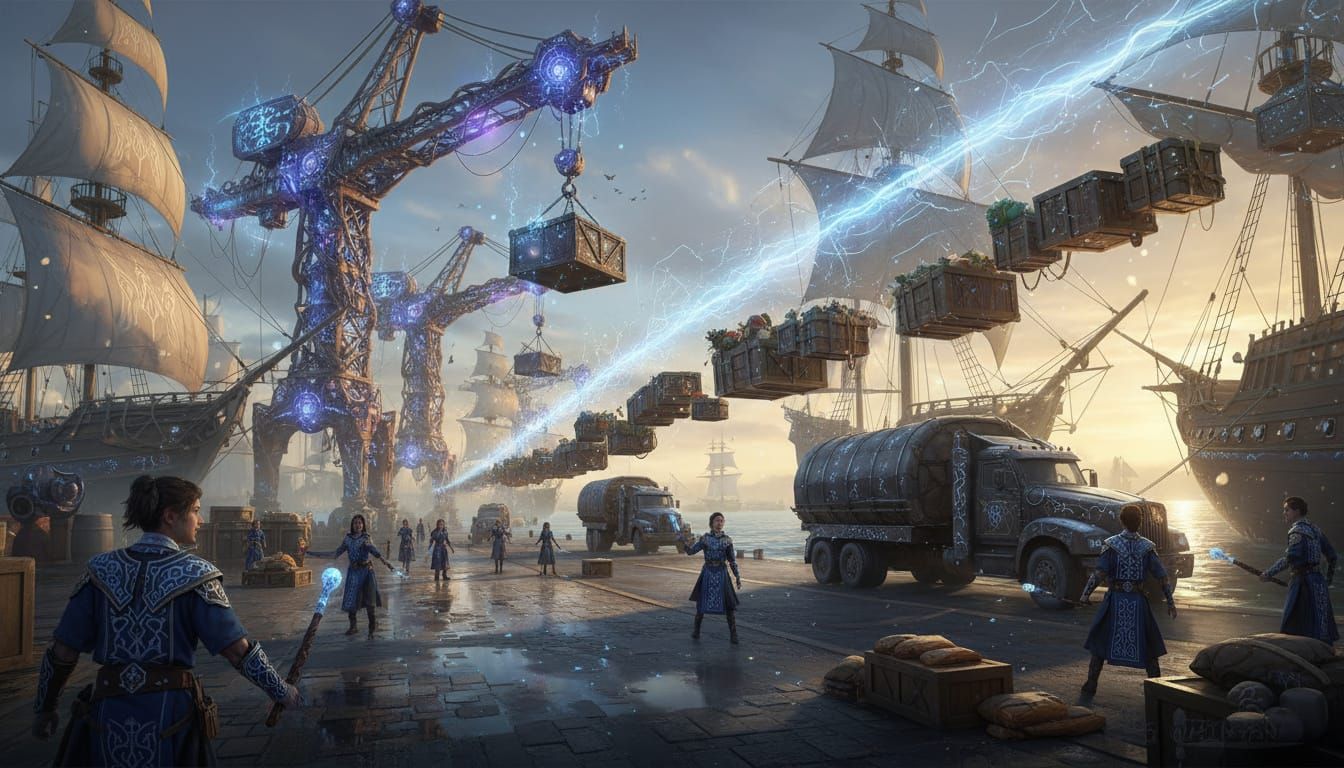 Magical Docks: Mana Lifts Cargo with Mages