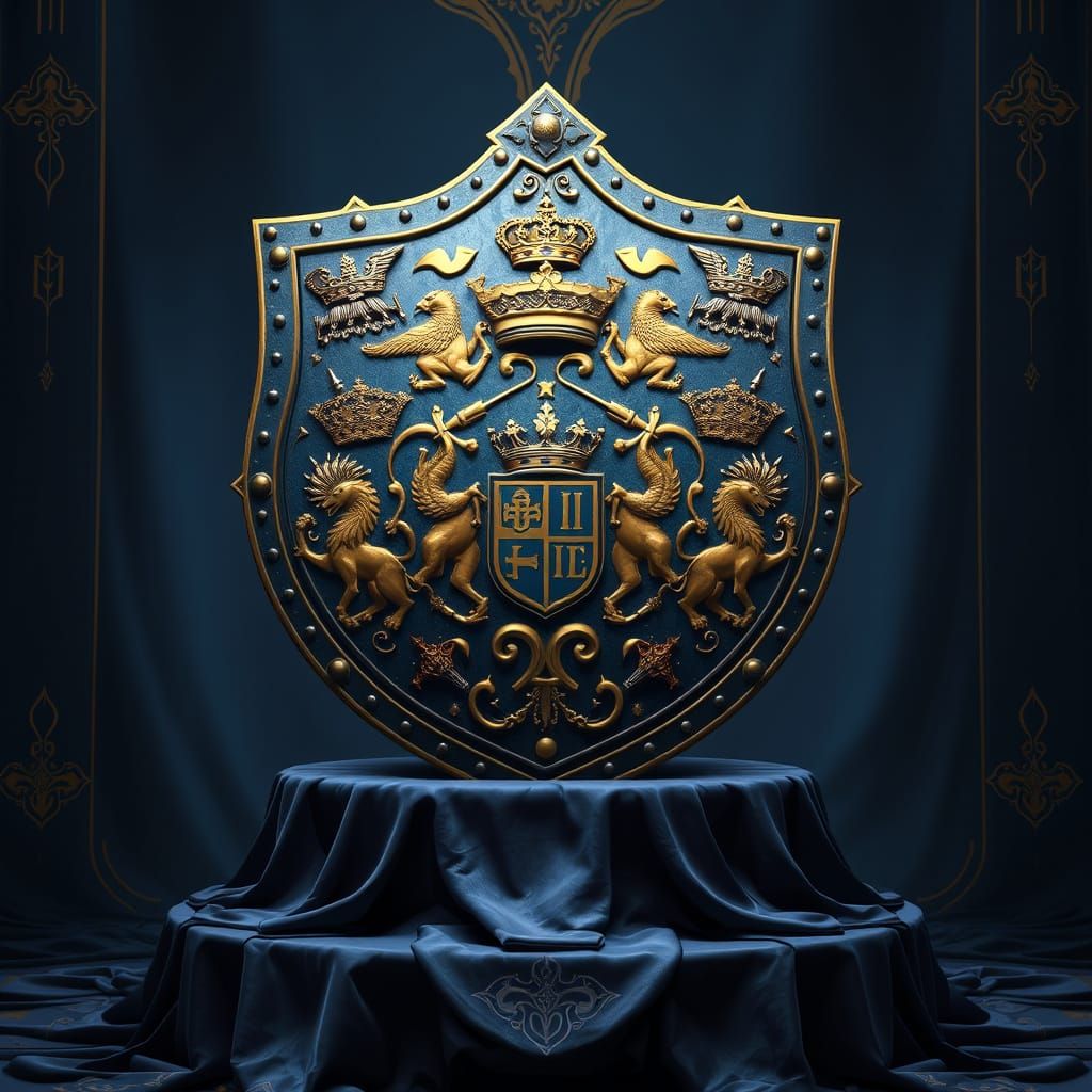 Luxurious Shield on Velvet Pedestal in Dark Blue and Gold