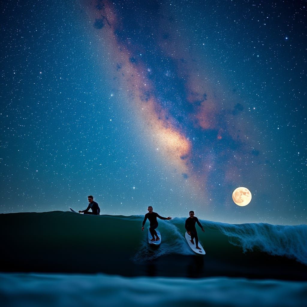Surfers in Cosmic Galaxy Night